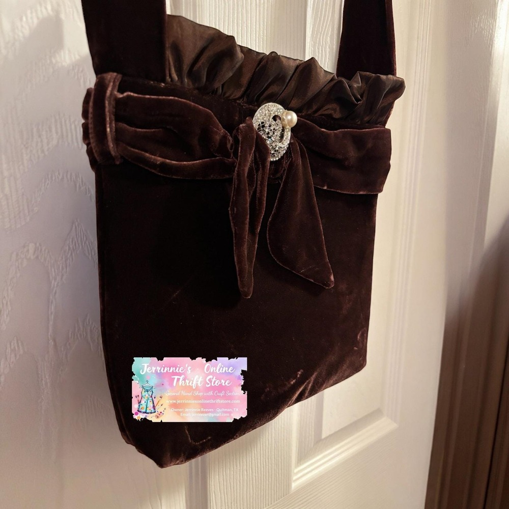 D. Stevens Brown Velvet Evening Bag Rhinestone Pearl Brooch Bow Shoulder Purse